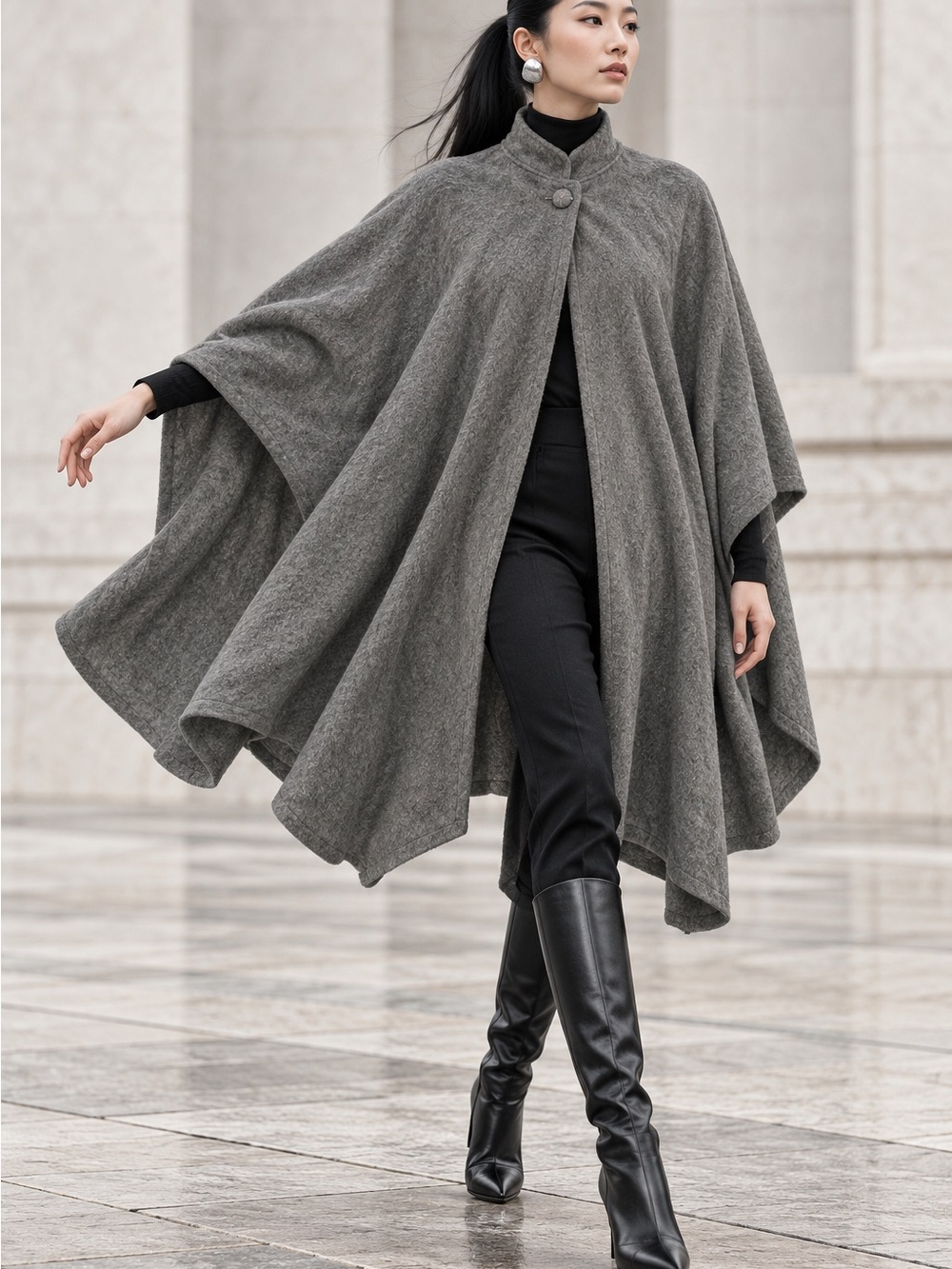 Anthony Richards Gray Wool-Blend Cape Poncho
